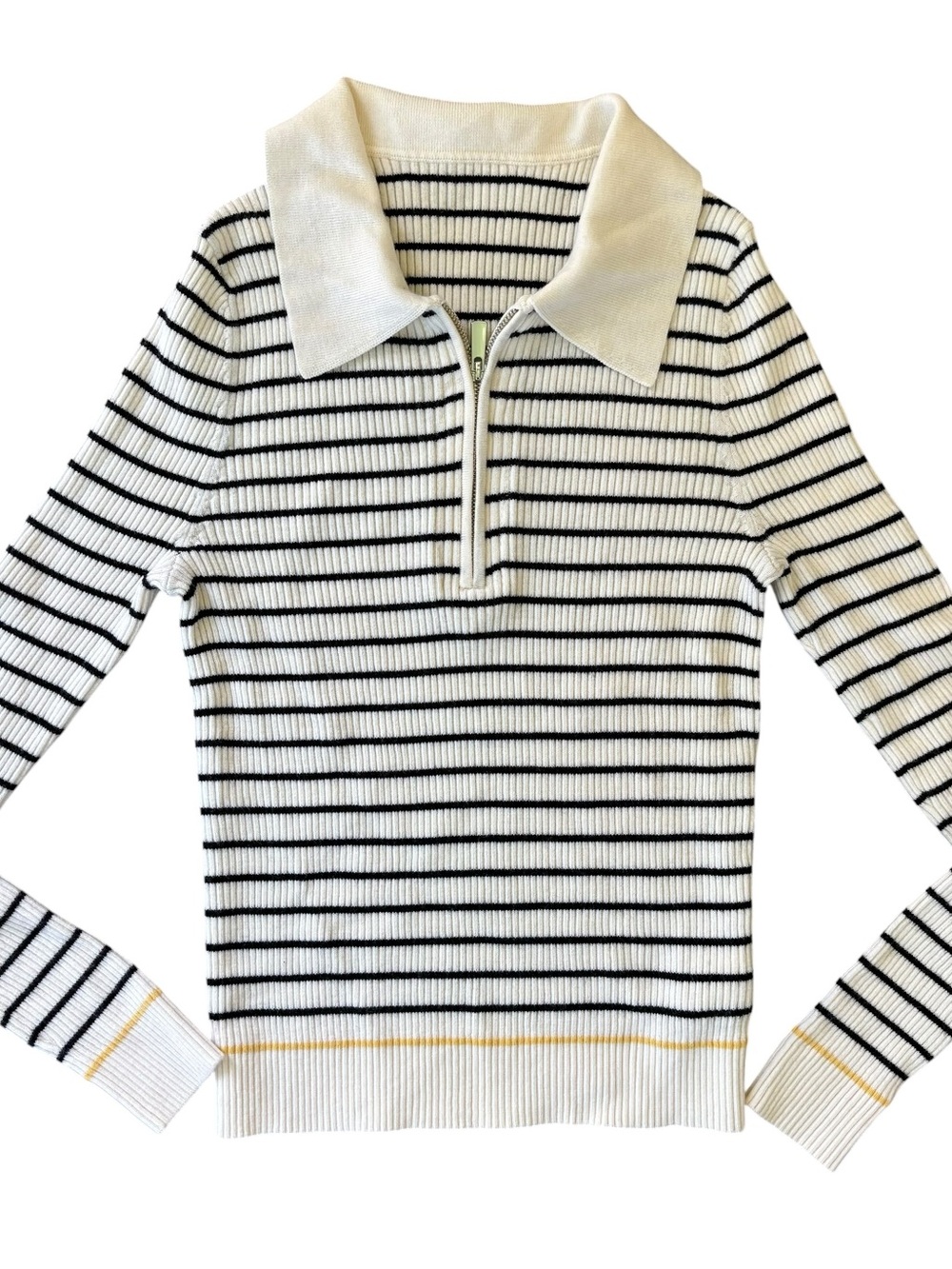 Collared Zip Knit Sweater - White with Black Stripes